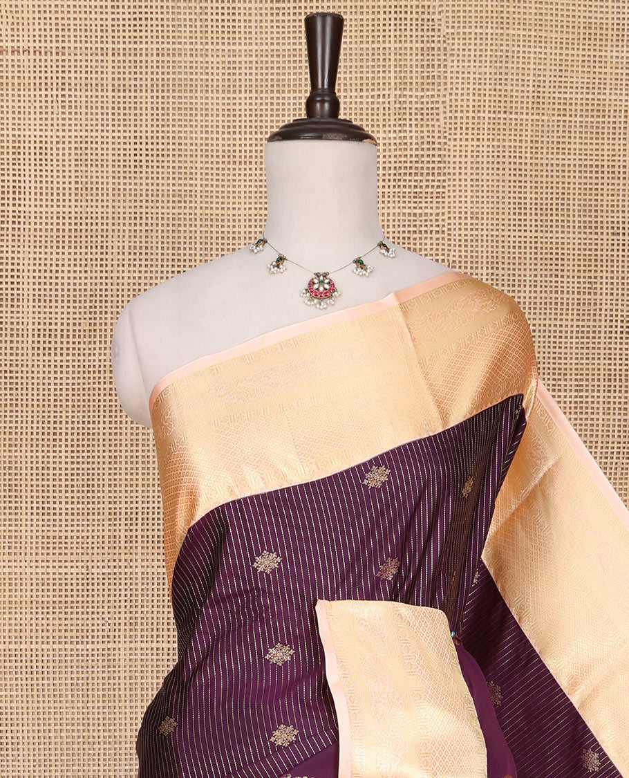 Purple Budget Silk Saree, Highlighted with Zari Buttas and Zari Stripes All Over Its Body, Complemented by a Contrast Traditional Zari Design Border, Subtly Sparkled Pallu, and Paired with a Contrast Blouse