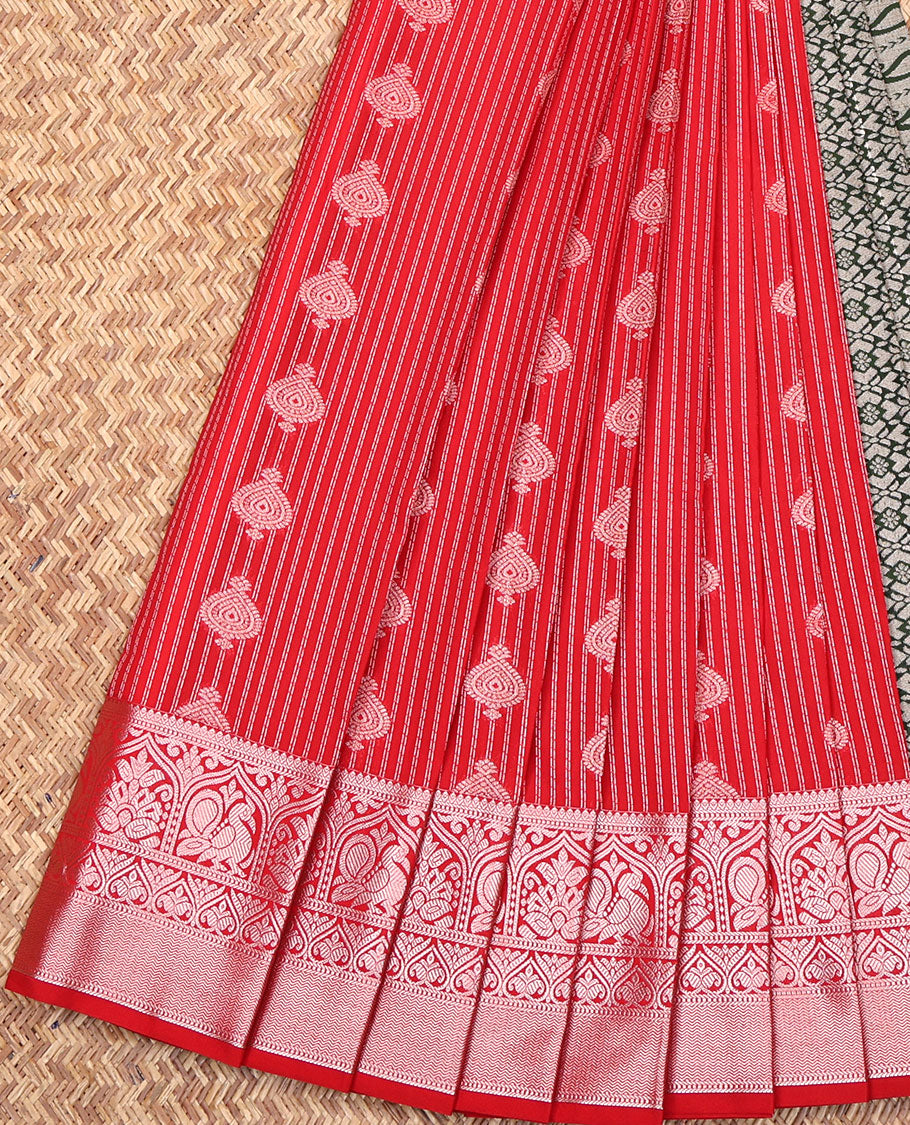 Red Budget Silk Saree, Impeccably Styled with Zari Buttas All Over Its Body, Highlighted by Traditional Zari Design Border, Complemented by Contrast Intricately Designed Pallu, and Paired with a Contrast Blouse