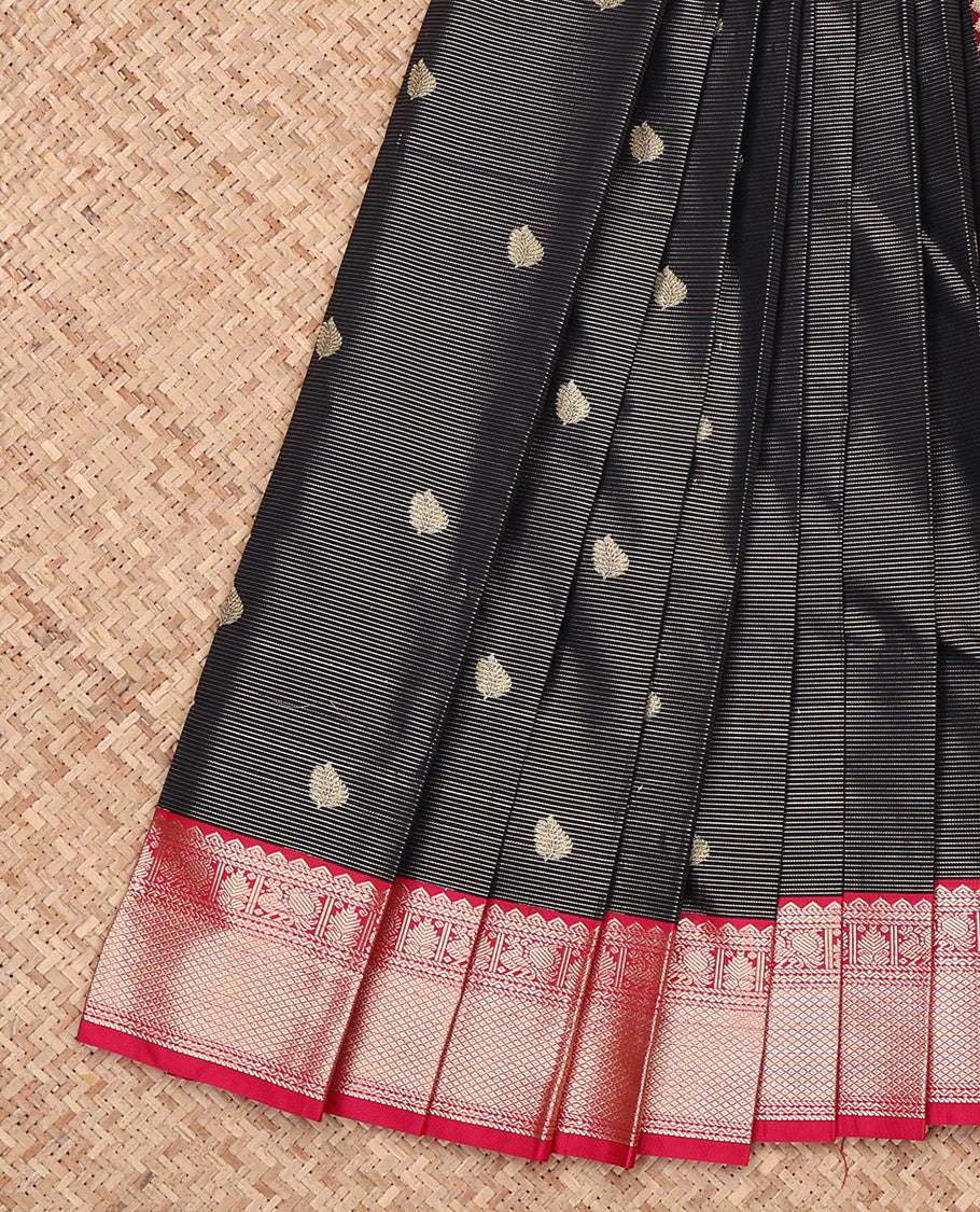 Black Budget Silk Saree, Decorated with Zari Buttas and Stripes, Complemented by a Contrast Traditional Zari Border, Jaal Pallu, and a Contrast Blouse