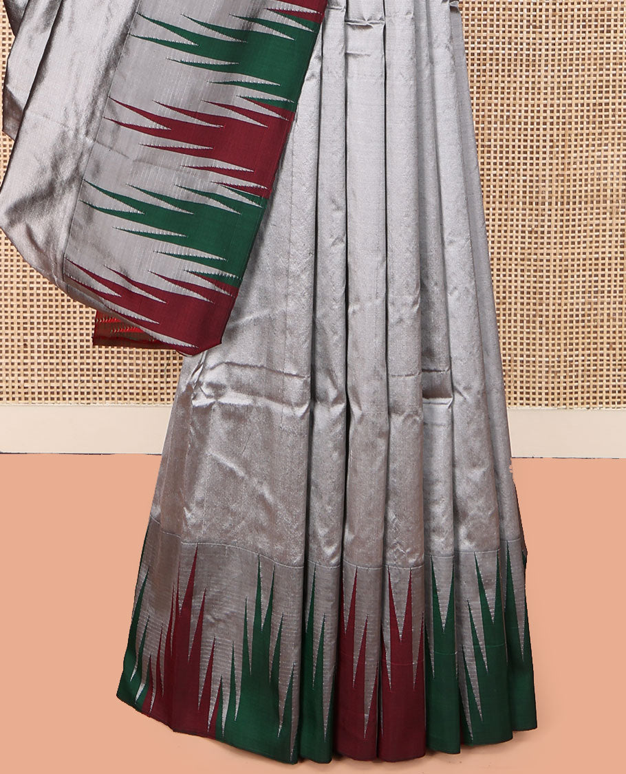 Grey Plain Bangalore Silk Saree, Complemented by a Contrast Temple Border, Pallu of Stripes, and a Contrast Blouse