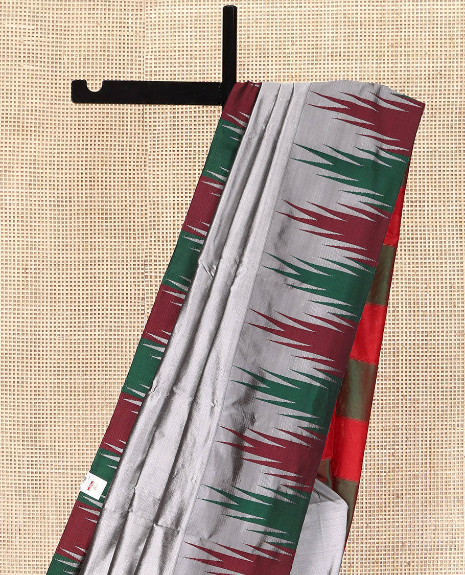 Grey Plain Bangalore Silk Saree, Complemented by a Contrast Temple Border, Pallu of Stripes, and a Contrast Blouse