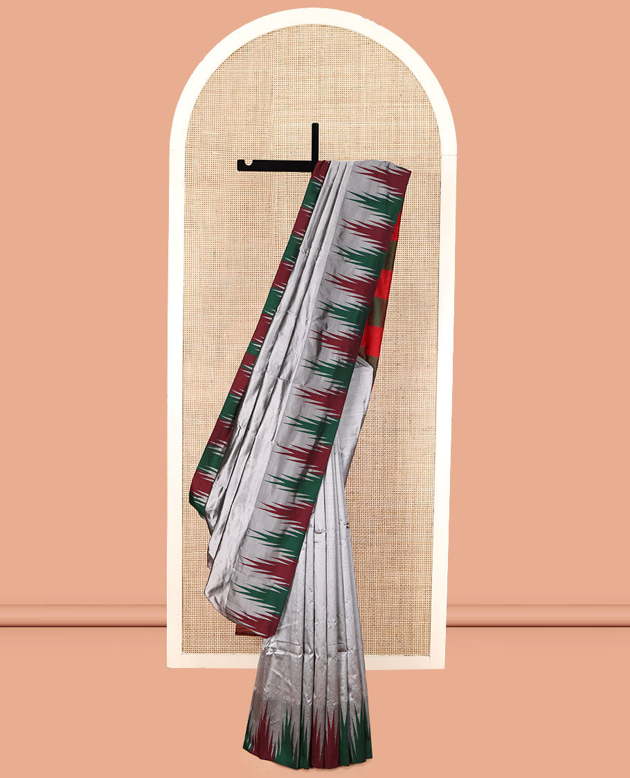 Grey Plain Bangalore Silk Saree, Complemented by a Contrast Temple Border, Pallu of Stripes, and a Contrast Blouse