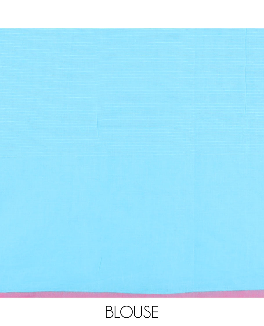 Blue striped and leaf motifs coimbatore cotton saree, contrast plain border and of intricate motifs