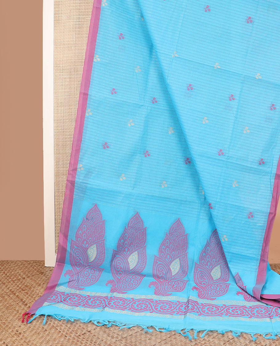 Blue striped and leaf motifs coimbatore cotton saree, contrast plain border and of intricate motifs
