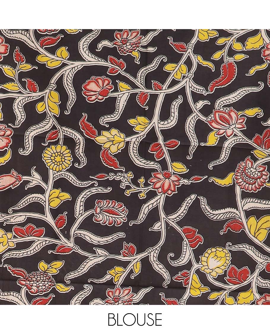 Mustard checked Mangalagiri cotton saree, contrast striped border, striped pallu, and a contrast kalamkari floral printed blouse