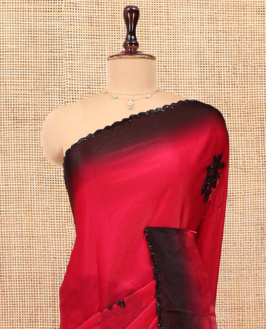 Red Designer Saree, Accentuated with Floral Print and Outline Stone Work All Over Its Body, Scallop Embroidered Border, and Paired with a Matching Blouse