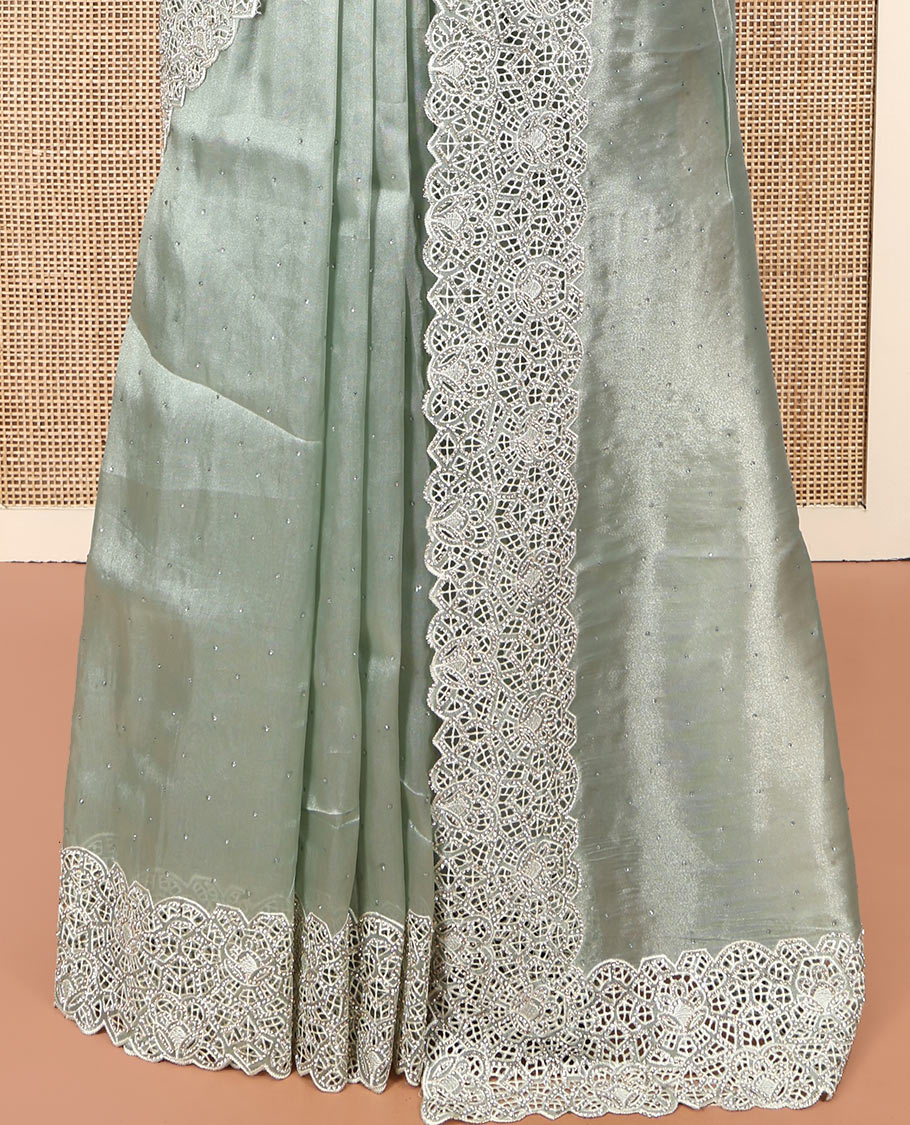 Pale Green Designer Saree, Decorated with Stonework, Scallop-Cut Work Border, Self Pallu, and Matching Blouse