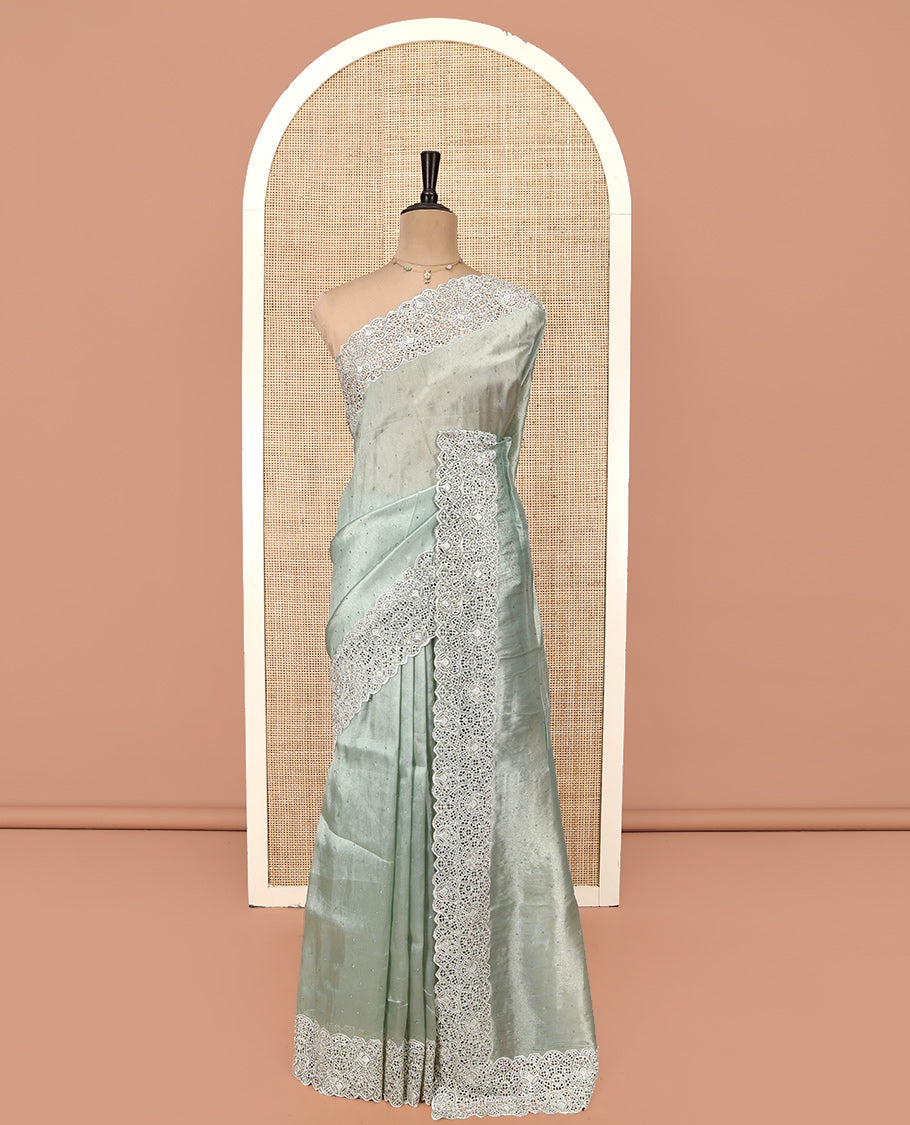 Pale Green Designer Saree, Decorated with Stonework, Scallop-Cut Work Border, Self Pallu, and Matching Blouse