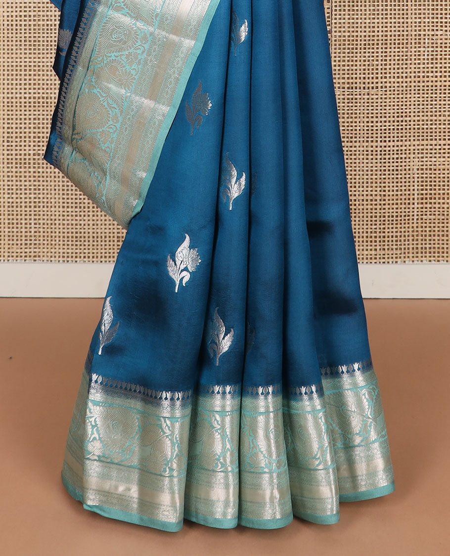 Blue floral motifs raw mango silk saree with contrast zari design border & floral design pallu