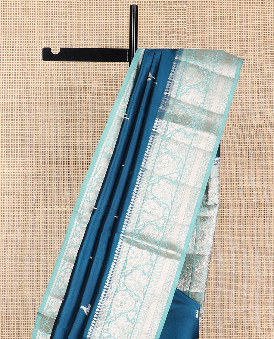 Blue floral motifs raw mango silk saree with contrast zari design border & floral design pallu