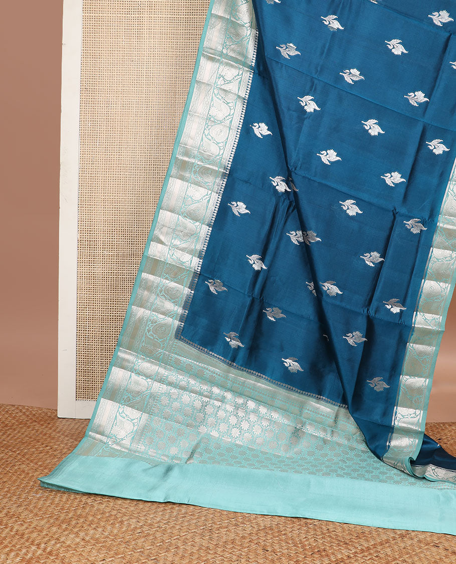 Blue floral motifs raw mango silk saree with contrast zari design border & floral design pallu