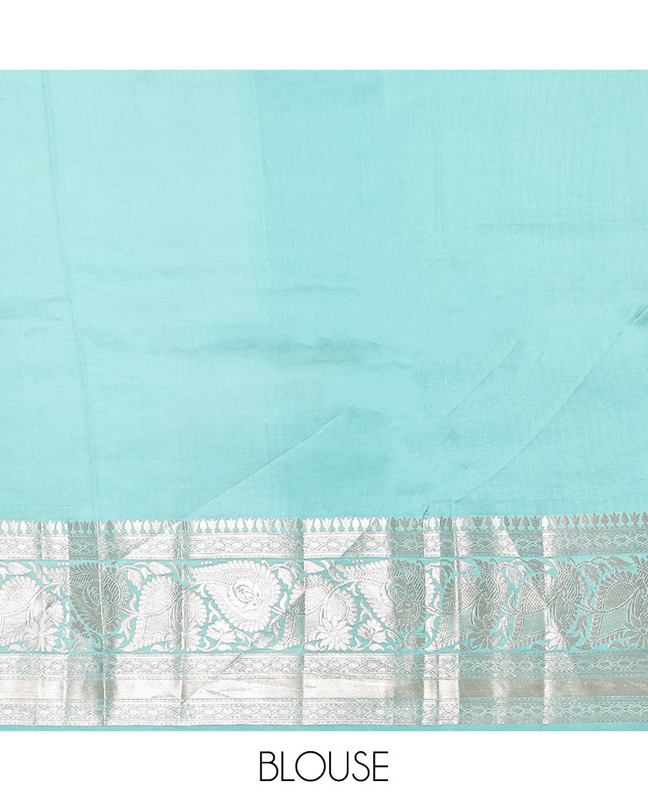 Blue floral motifs raw mango silk saree with contrast zari design border & floral design pallu