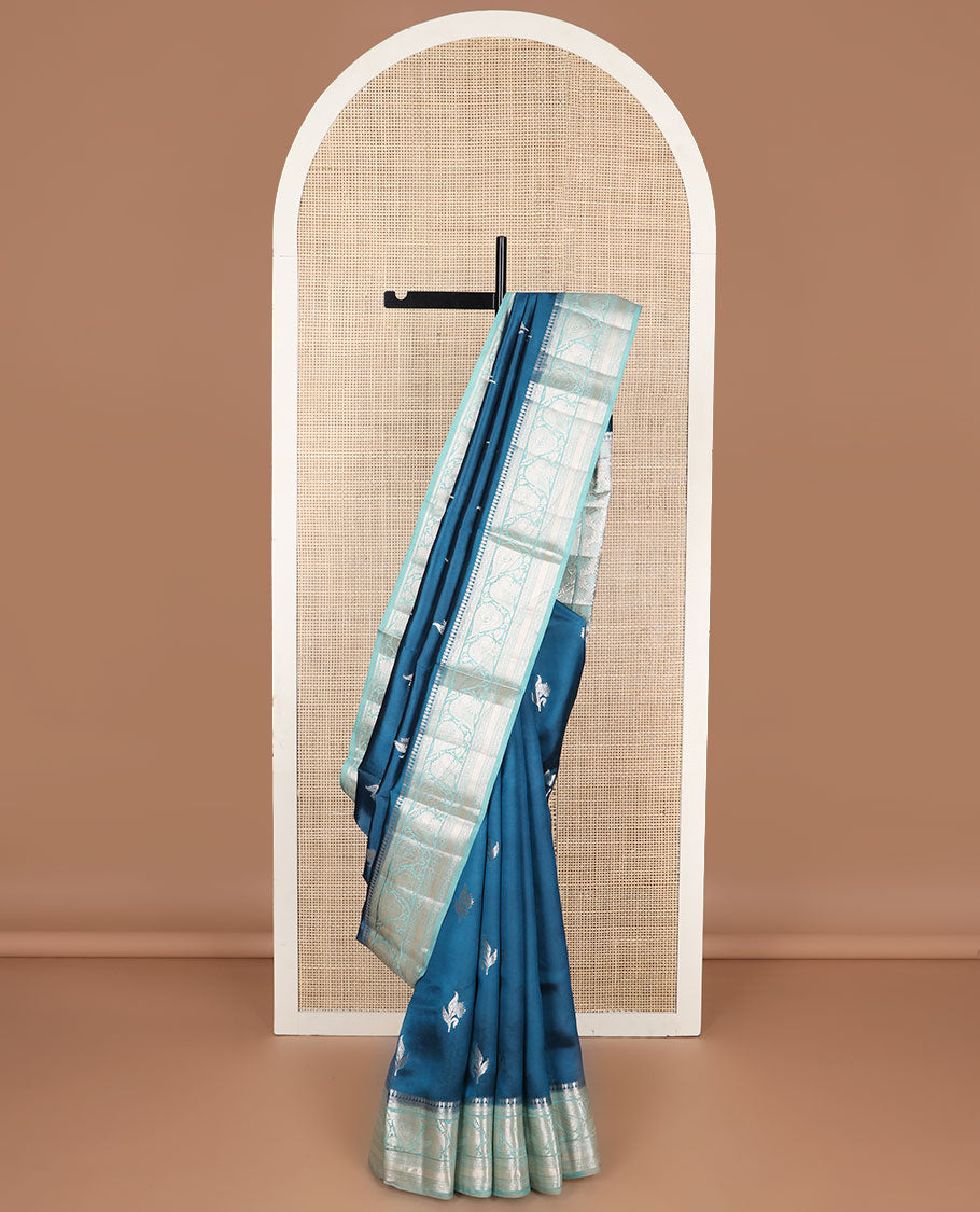 Blue floral motifs raw mango silk saree with contrast zari design border & floral design pallu