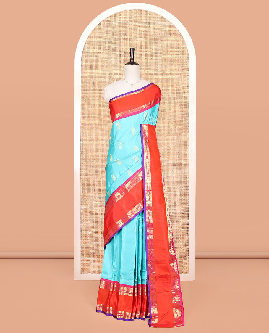 Blue Gadwal Silk Saree, Gracefully Embellished with Paisley Buttas, Complemented by a Contrast Traditional Zari Double-Pet Border, Grand Pallu, and a Contrast Blouse