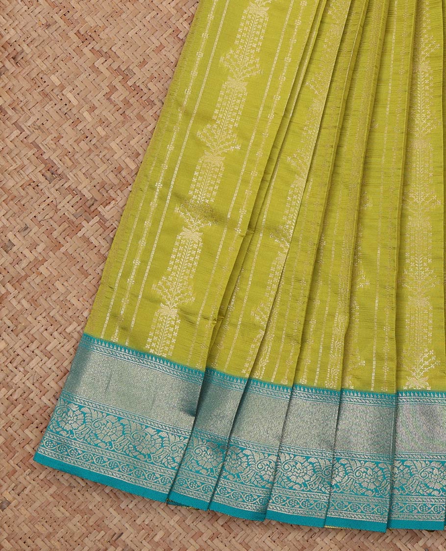 Green Litchi Saree, Sparsely Woven with Zari Designs, a Contrast Traditional Zari Border, Grand Jaal Pallu, and a Contrast Blouse