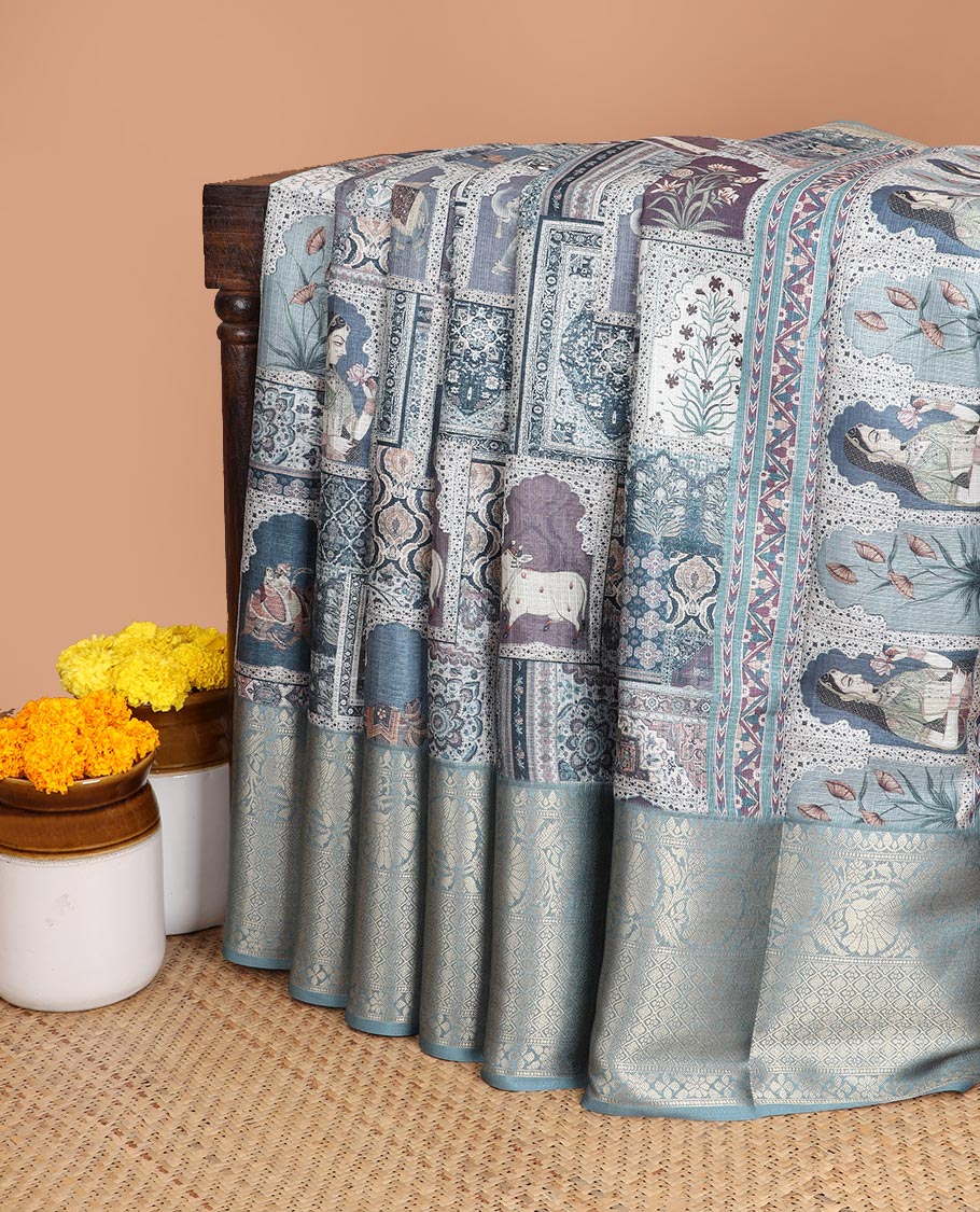 Blue all-over mughal motif digital printed kota checks cotton saree with contrast gold zari jacquard border & printed rich pallu along with contrast plain blouse