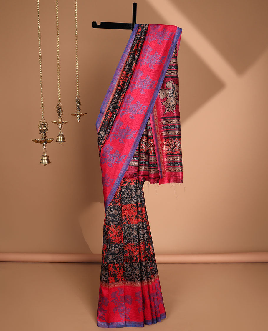 Black discharge print crackle silk saree with contrast border & discharge negetive print blouse