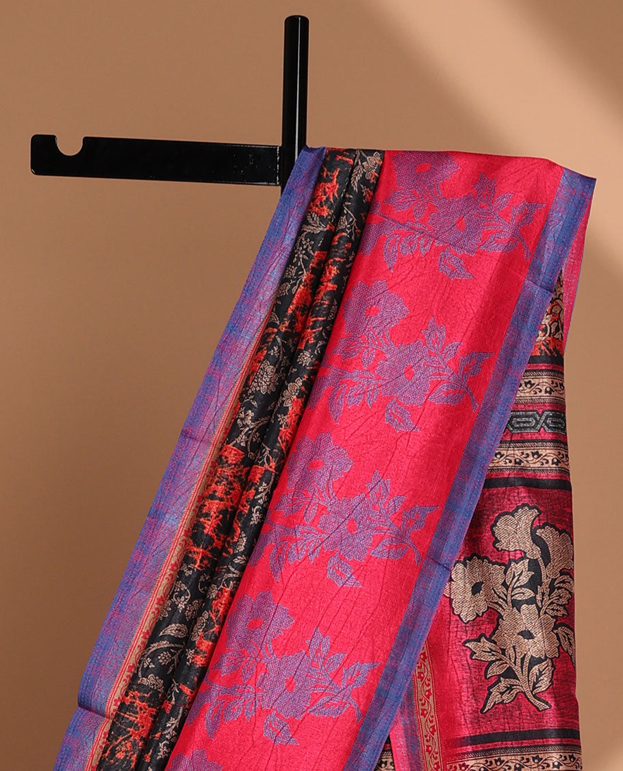 Black discharge print crackle silk saree with contrast border & discharge negetive print blouse