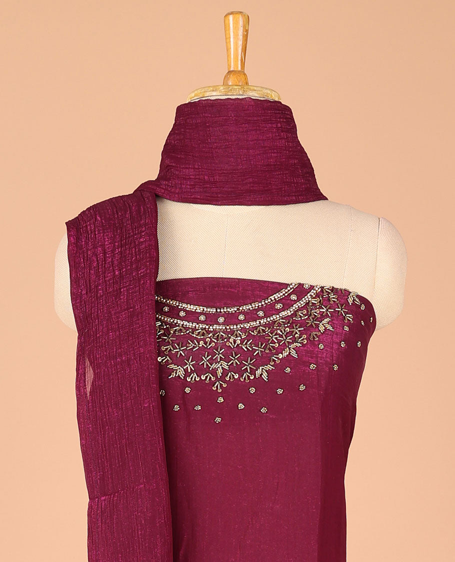 Wine chiffon chudidhar material set gold hanwork top with santoon bottom