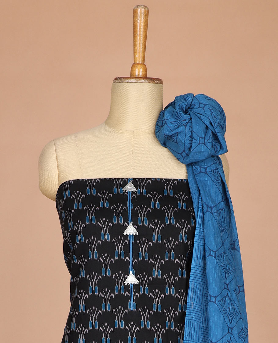 Black with blue ikkat print fancy neck, katha work flex cotton chudidhar material top with cotton pants & negative print dupatta