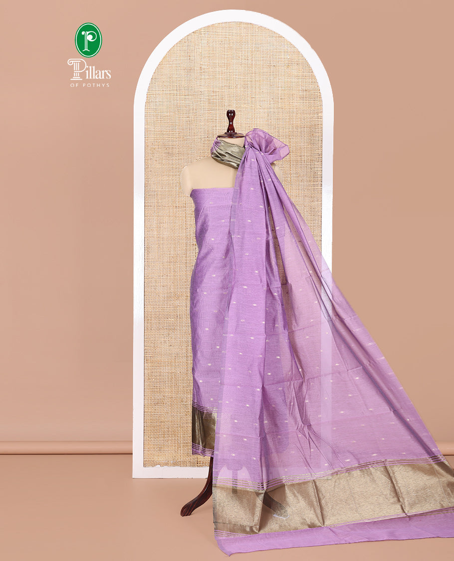 Lavender Banarasi Chanderi Material Churidar, Subtly Woven with Buttas Top, a Plain Bottom, and a Matching Dupatta