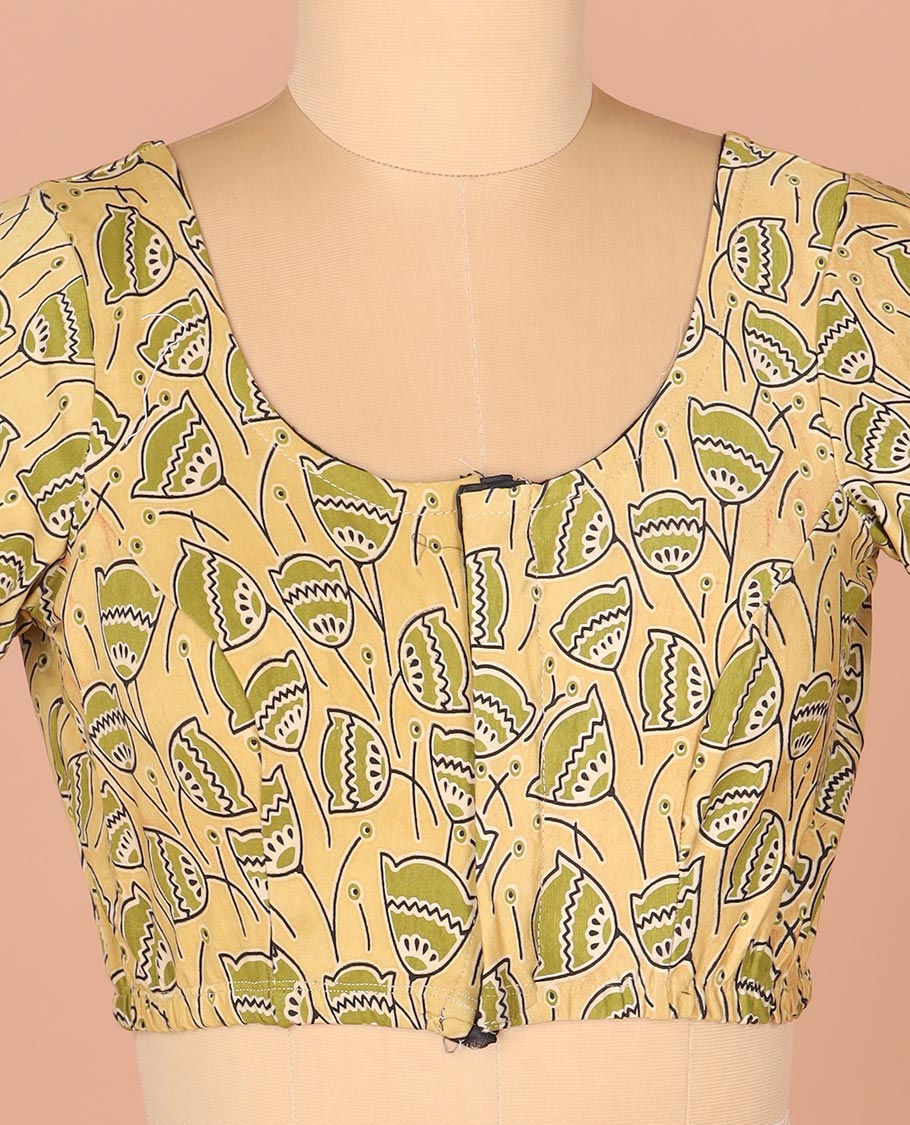 Pale Yellow Readymade Blouse Embellished with Lotus Motifs Print, Featuring Front Round Neck, Back Round Neck, and Elbow Sleeves