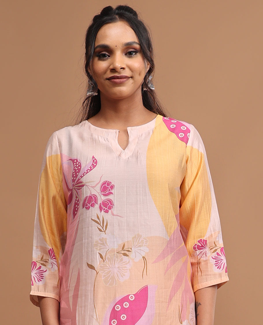 Cream floral design round neck, 3/4 th sleeve,below knee lenght top with straight pants & floral printed dupatta