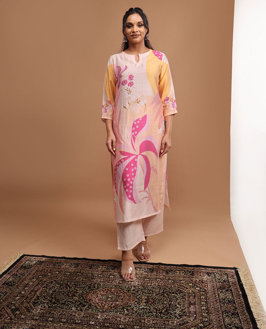 Cream floral design round neck, 3/4 th sleeve,below knee lenght top with straight pants & floral printed dupatta