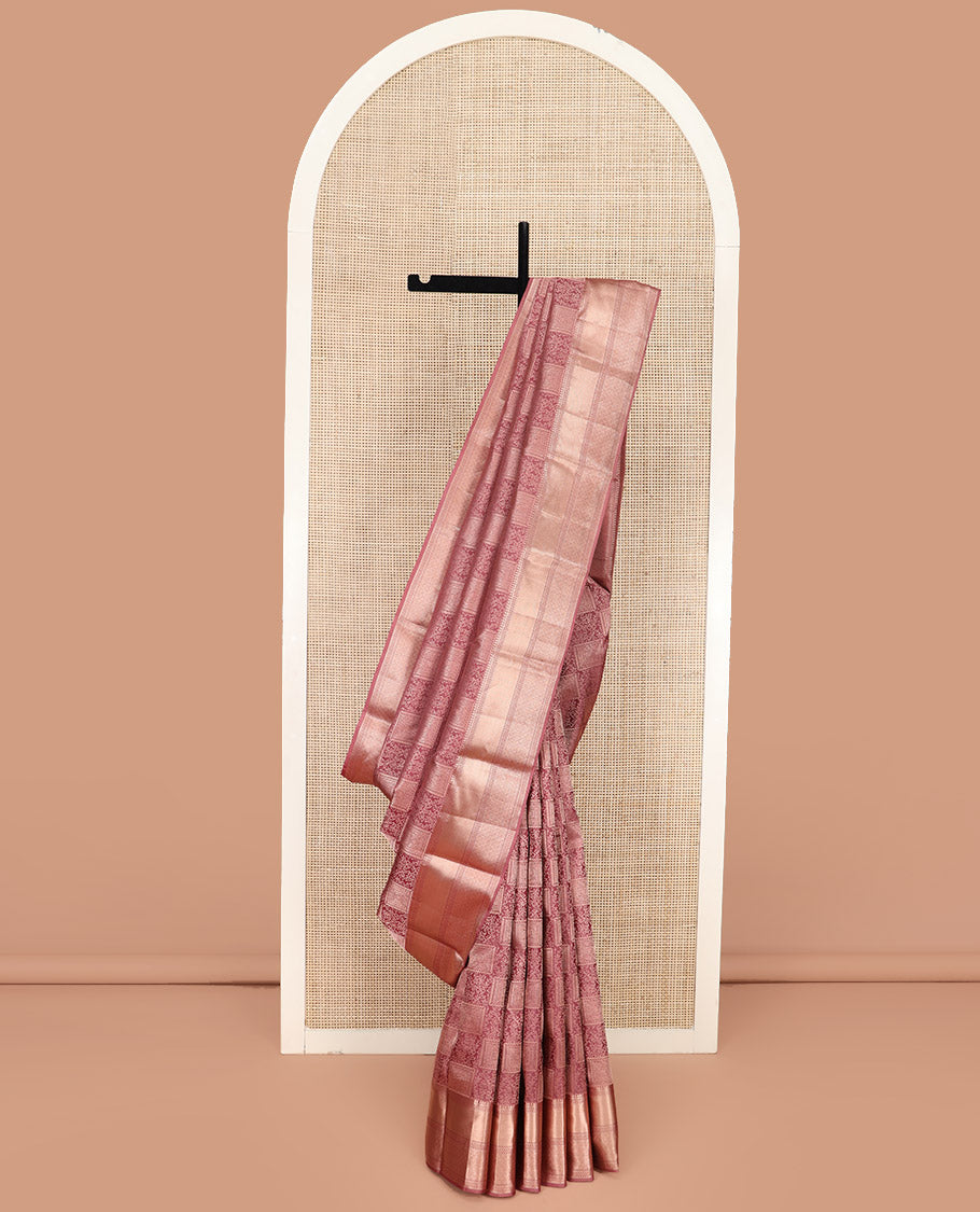 Rosewood Pink Kanchipuram Wedding Silk Saree Elegantly Adorned with Jacquard Designs, Highlighted with Zari Border of Thilakam, Muthu, and Scallop Designs, Majestically Detailed Pallu, and Paired with a Matching Blouse