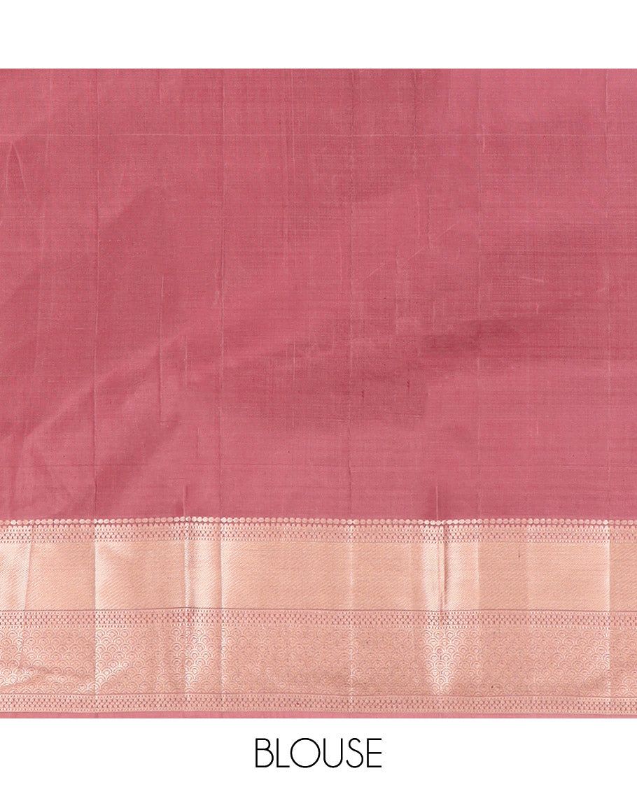 Rosewood Pink Kanchipuram Wedding Silk Saree Elegantly Adorned with Jacquard Designs, Highlighted with Zari Border of Thilakam, Muthu, and Scallop Designs, Majestically Detailed Pallu, and Paired with a Matching Blouse
