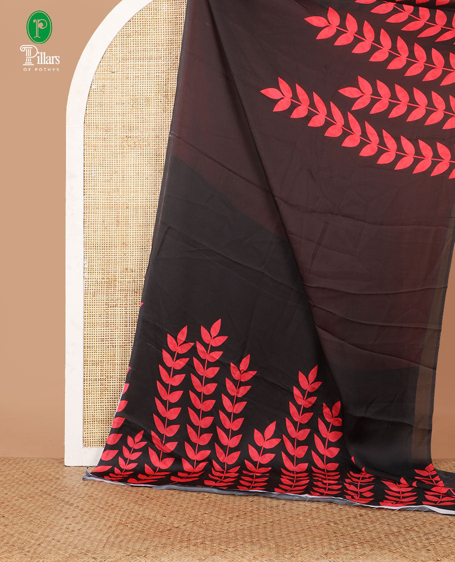 Borderless black half-half style crepe silk saree printed with red color leaf vine design, leaf motifs printed blouse