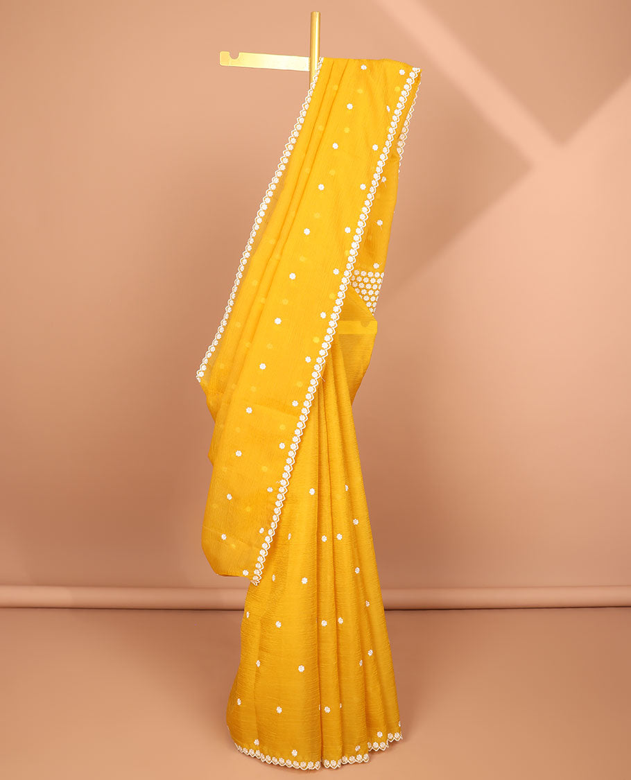 Yellow floral thread embroidery tissue saree with floral scallop thread embroidery border