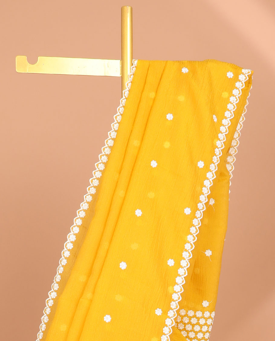 Yellow floral thread embroidery tissue saree with floral scallop thread embroidery border