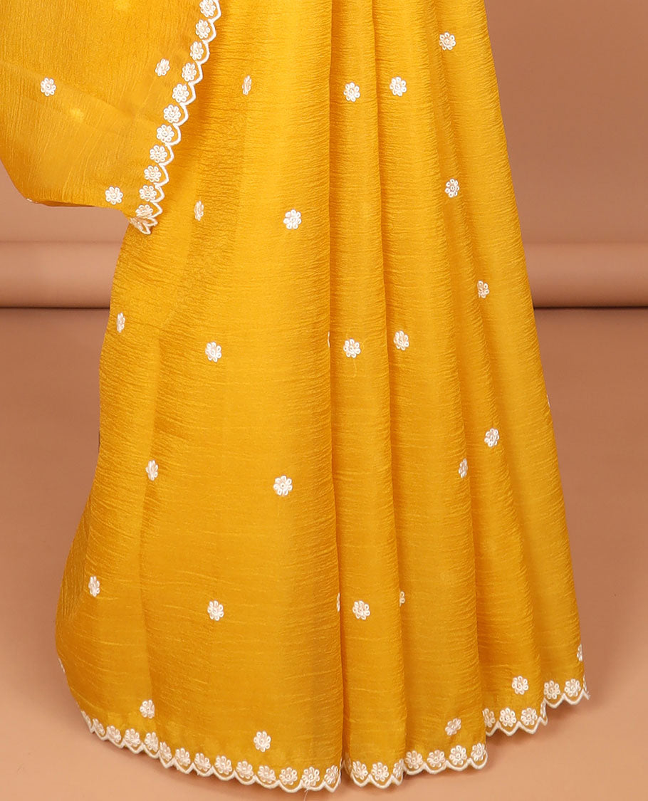 Yellow floral thread embroidery tissue saree with floral scallop thread embroidery border
