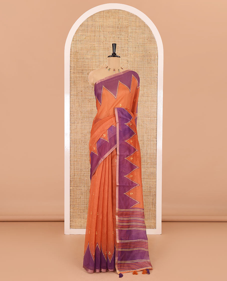 Orange small buttas printed Linen cotton saree, contrast double-sided temple border, striped pallu, and vertically striped blouse