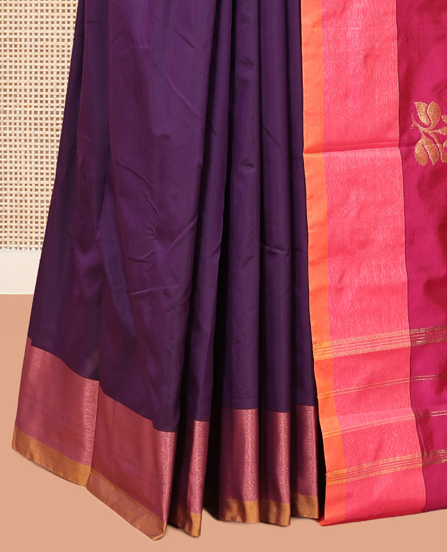 Purple Arani Saree Features Floral Zari Buttas, a Contrast Border, Pallu of Zari Designs, and a Contrast Blouse