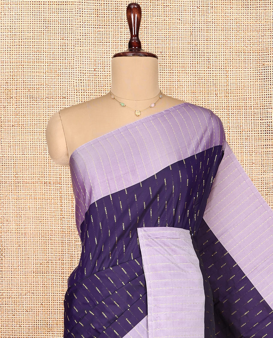 Violet Aarani Gift Saree, Detailed with Butta on Its Body, Complemented by a Contrast-Zari Striped Border, Zari-Striped Pallu, and Paired with a Contrast Blouse