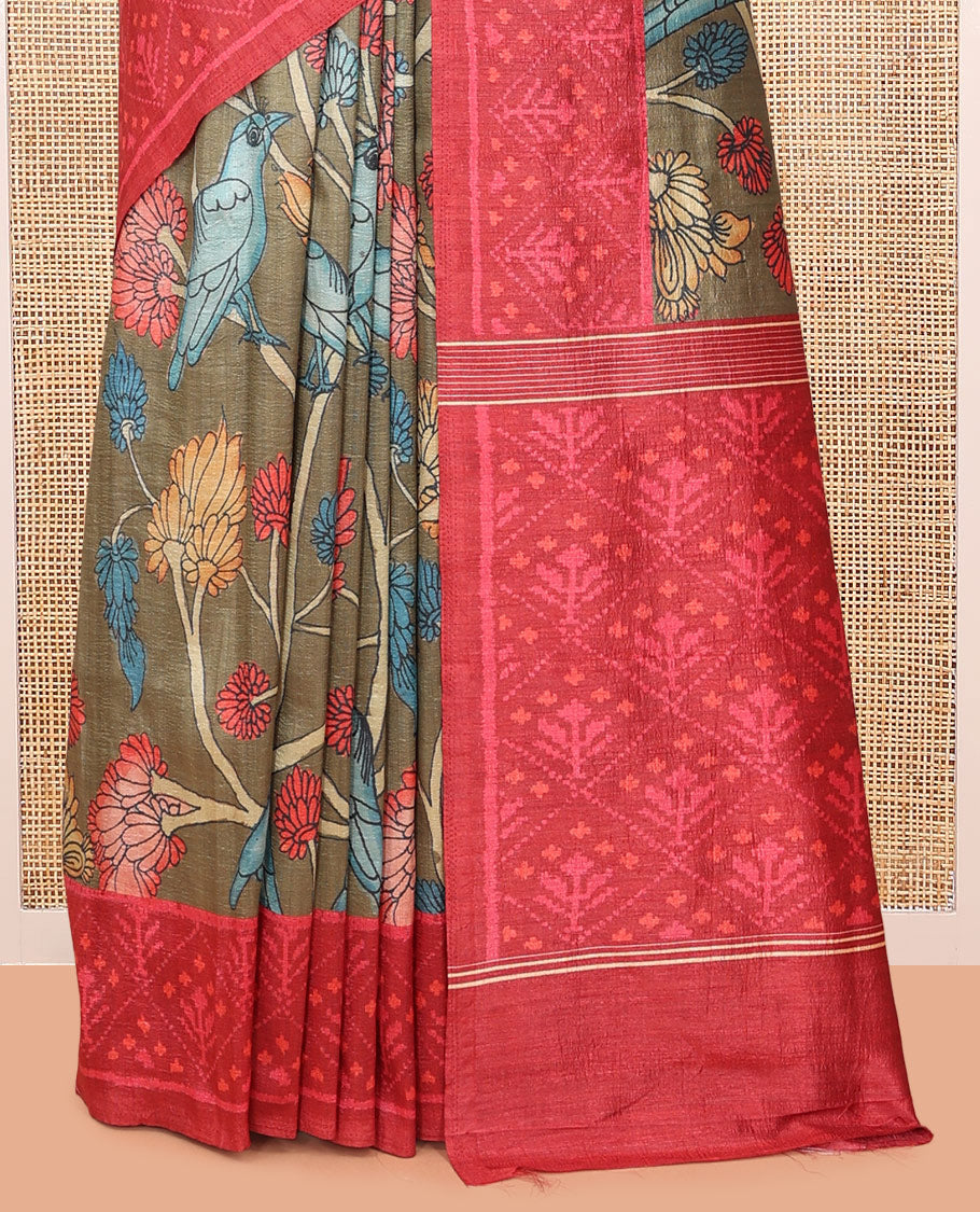 Grey Fancy Tussar Saree Features Kalamkari Floral Vine and Bird Print, Contrast Patola Border, Patola Pallu, and a Contrast Blouse