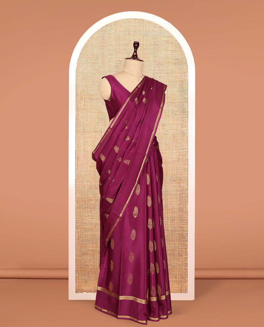 Magenta Mysore Silk Saree Features Paisley Butta, Complemented by Double-pet Zari Border, an Intricate Floral Pallu, and a Matching Blouse
