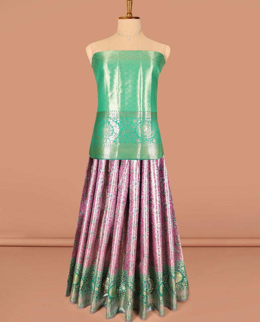 Purple floral jacquard art silk half-saree saree with contrast meenakari bordered skirt, contrast jacquard blouse, and a contrast zari paisleys woven dhavani