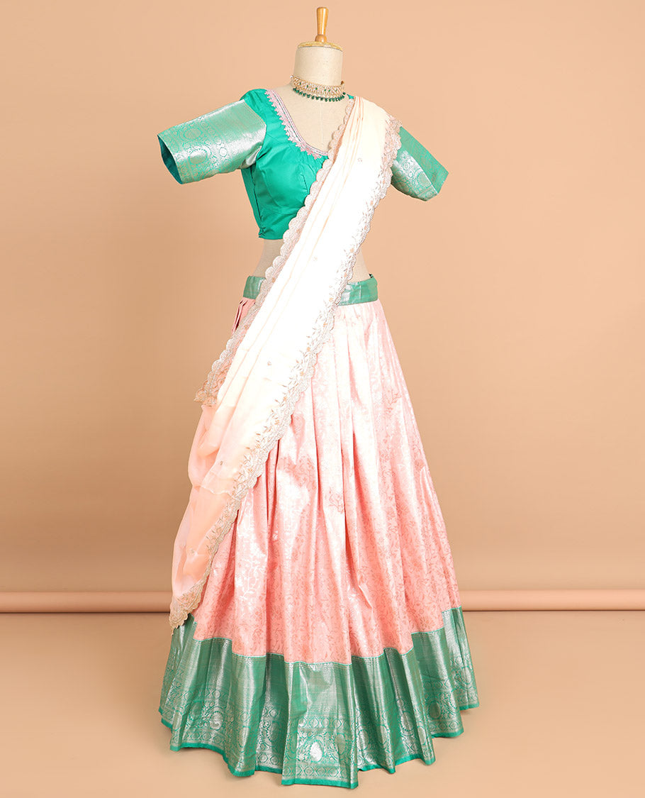 Pink jacquard art silk half saree with contrast zari design border, zari design blouse & plain, floral embroidered scallop border dhavani