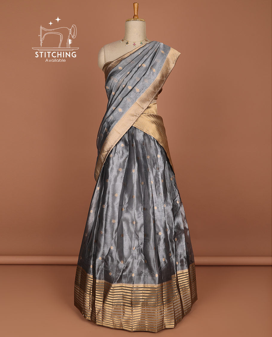 Grey buttas half saree with contrast striped zari design border, zari design blouse & floral zari design dhavani