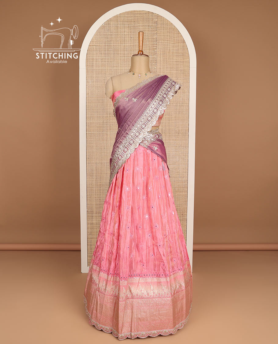 Pink floral embroidery, mirror work half saree with zari design blouse & floral embroidery dhavani