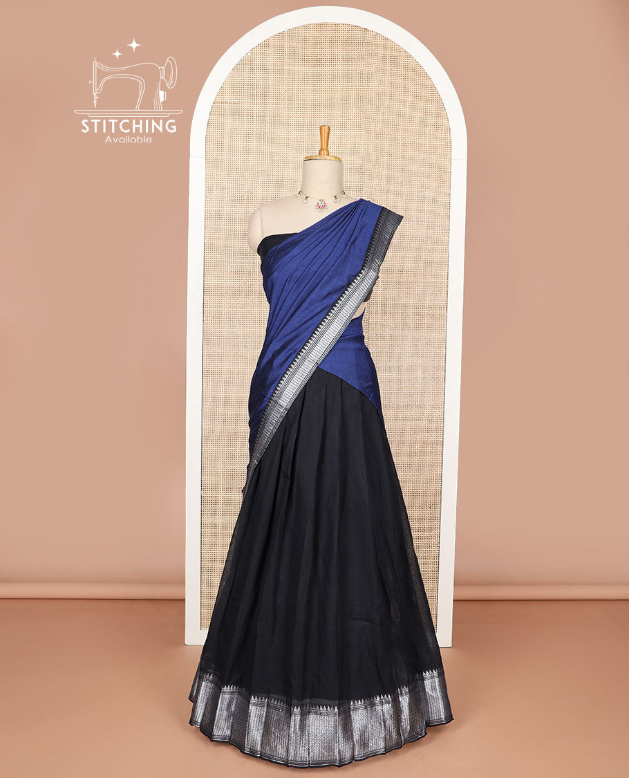 Black cotton half saree with contrast zari design border, zari design blouse & zari design border dhavani