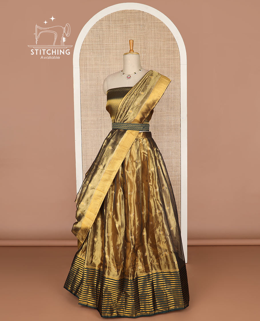 Brown floral buttas tissue half saree with contrast striped border, floral design blouse & floral design dhavani