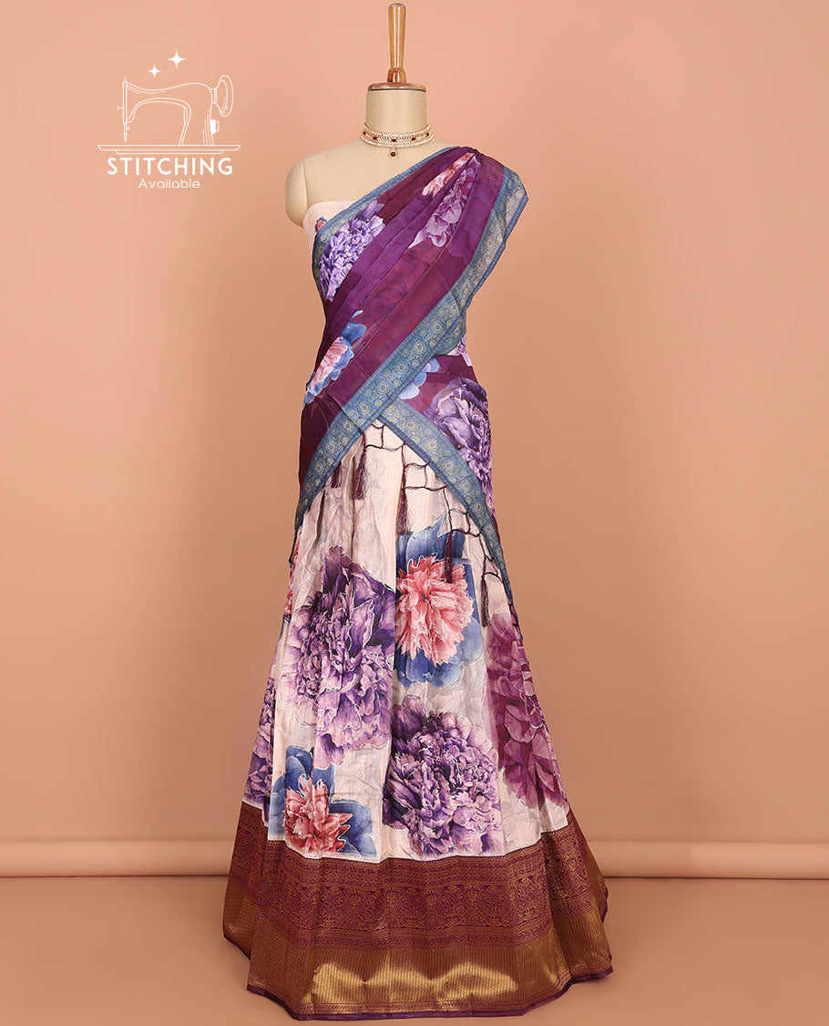 Cream floral printed art silk half saree, contrast traditional design border, jacquard blouse & floral printed dhavani
