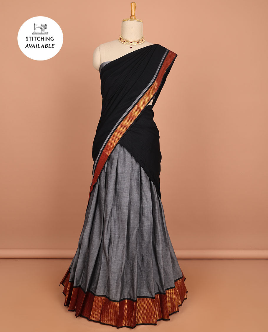 Pink cotton half saree with contrast traditional border , plain blouse & plain dhavani with zari design border