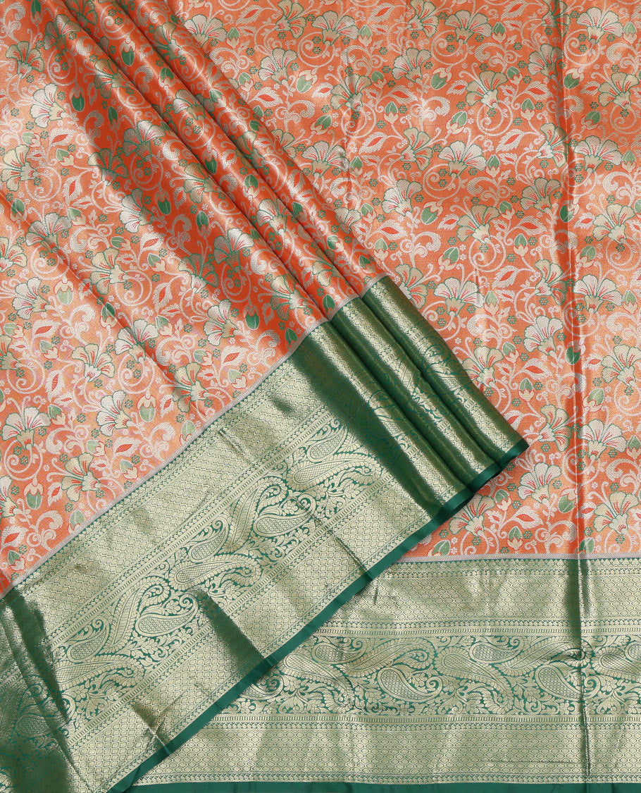 Orange Art Silk Pavadai Material, Ornamented with Jacquard Design, Contrast Traditional Zari Design Border, and a Contrast Jacquard Blouse