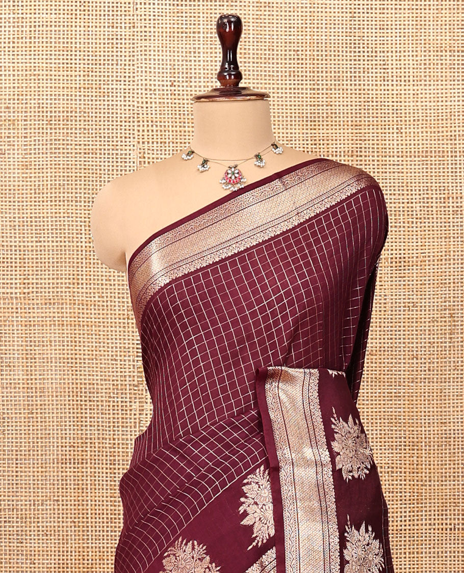 Brown Assam Silk Saree, Richly Detailed with Zari Checks, Highlighted by Traditional Zari Border, Striped Pallu, and Matching Blouse