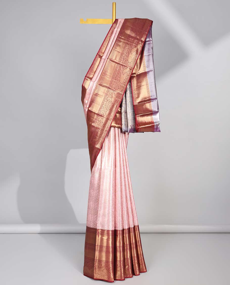 Pink floral jacquard budget silk saree with contrast zari design border & intricate zari design pallu